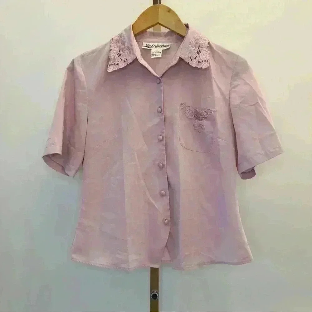 Vintage Yves St. Clair Petites Women's Pink Embroidered Blouse Size 8